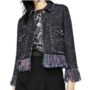 Zara Woman Fringe Tweed Blazer Blogger Favorite Style 2005/717 Frayed Hem Size S